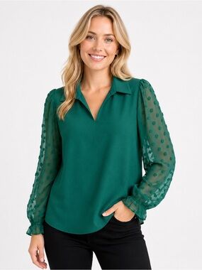 NWT A Love Story Size Large Women's Green V-Neck Blouse with Sheer Dot Sleeves